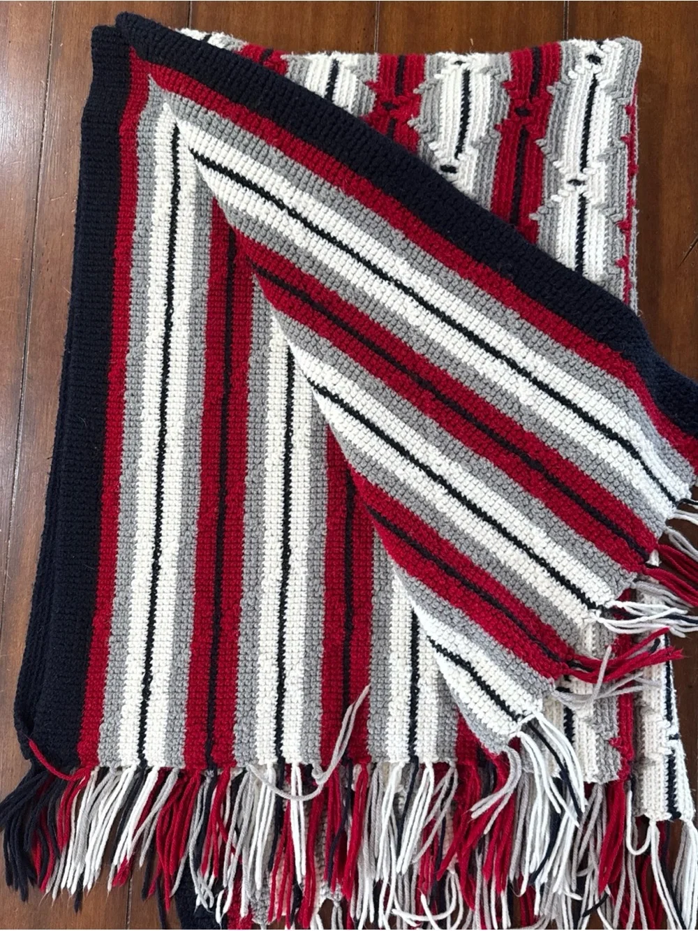 Handmade Crochet Afghan Throw 59x46 Red Gray Navy White Fringe Southwestern